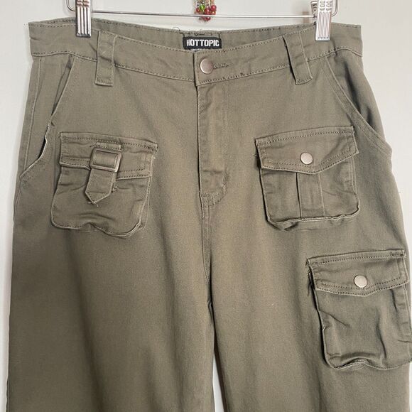 Hot Topic Olive Green Multi-Pocket Girls Cargo Wide Leg Trousers Y2K Size 9 - Picture 10 of 11